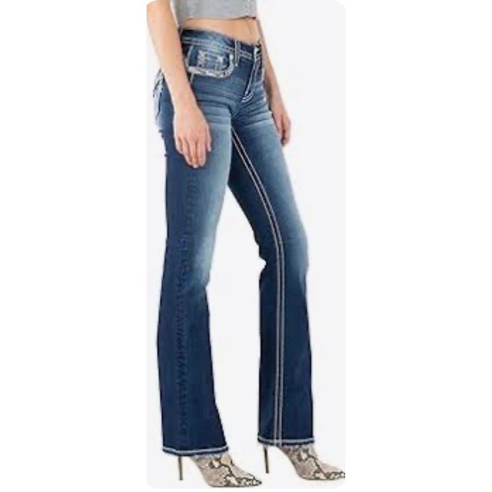 Miss Me Women's Bootcut Jeans Blue Embellished‎ Thick Stitch Low Rise Size 28